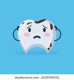 Cartoon depiction of a tooth with discoloration, portrayed as concerned or anxious. The tooth is in a simple, flat design style.
