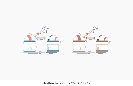 Una representación de dibujos animados de dos observatorios con telescopios apuntando hacia arriba, que representan la exploración científica.