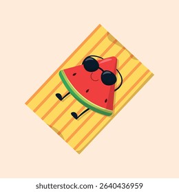 Cartoon depiction of a watermelon slice wearing sunglasses and lying on a striped beach towel, suggesting a fun, relaxed summer scene. The watermelon slice is presented in a stylized, 
