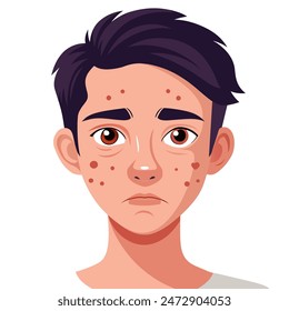 A cartoon depiction of a youthful male displaying acne on his facial skin