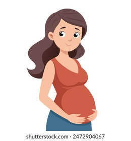 The cartoon depicts a pregnant woman gently cradling her belly