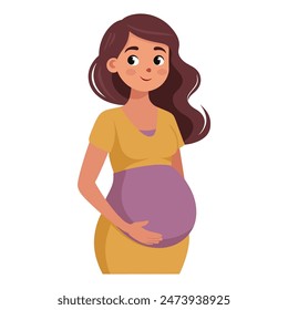 The cartoon depicts a pregnant woman gently cradling her belly