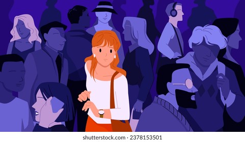 Cartoon depressed teen introvert feeling burnout, anxiety and loneliness due to social indifference, young unhappy woman with emotional problems. Sad girl lost in city crowd vector