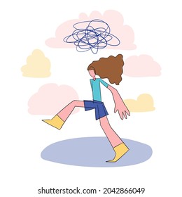 Cartoon depressed vector girl walks on the abstract background.  Frustrated woman. Mental health problem. Psychological distress. Mental health and psychology concept for banner, website design 