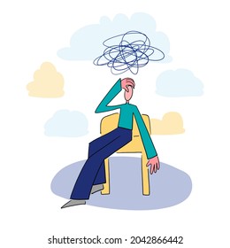 Cartoon depressed vector man walks on the abstract background.  Frustrated man. Mental health problem. Psychological distress.
Mental health and psychology concept for banner, website design 