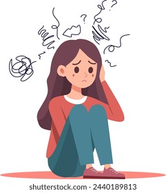 cartoon Depressed woman feeling depression, anxiety and stress