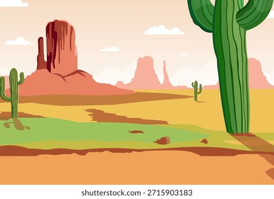 Cartoon Wüste Hintergrund Vektor, Wüste Land Hintergrund, Berge, Trockenes Land, Kaktuspflanze Vektor, Wüste Landschaft Illustration