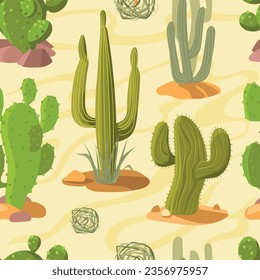 Cartoon desert cacti seamless pattern. Hot arid climate zone elements. Sand dunes and tumbleweeds. Prickly succulents. Cactaceae plants. Drought scenery. Sahara panorama. Splendid vector background