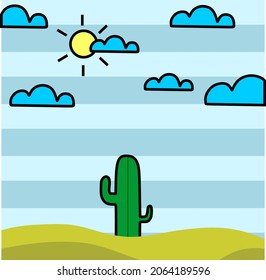Cartoon desert with cactus in flat style, landscape design element