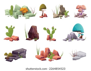 Cartoon desert cactus plants isolated on white. Desert plants vector illustration