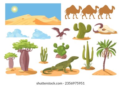 Cartoon desert cactus and rocks. Plants and animals. Arid hot climate elements. Sand dunes. Savannah baobabs and palm trees. Camels and varan lizard. Vulture bird. Sahara panorama. Splendid vector set