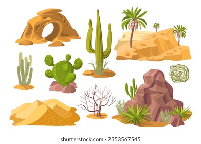 Elementos desérticos de dibujos animados. Duna de arena. Piedras y agave. Cacti y rocas. Objetos de zonas climáticas calientes y secas. Artículos paisajísticos de cañón. Panorama del Sahara. Planta de tumbleweed