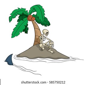 Cartoon desert island with a skeleton on and a shark in the water around it