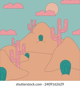 Cartoon desert landscape with cacti in Retro style. Vintage summer art with Cactus in trendy Y2K style. Square vector illustration can used children book, web and social media banner. EPS 10
