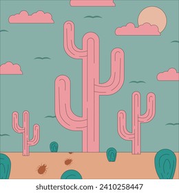 Cartoon desert landscape with cacti in Retro style. Vintage summer art with Cactus, scarab in trendy Y2K style. Square vector illustration can used children book, web and social media banner. EPS 10