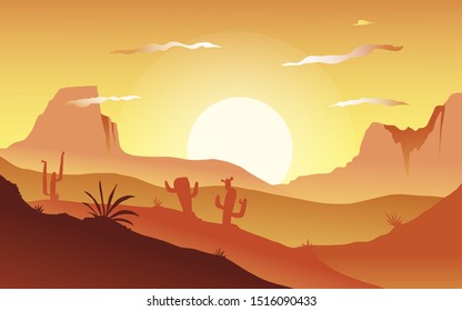 Cartoon desert landscape with cactus, hills, sun and mountains silhouettes, vector nature horizontal background.