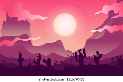 Cartoon desert landscape with cactus, hills, sun and mountains silhouettes, vector nature horizontal background.