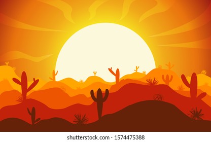 Cartoon desert landscape with cactus, hills silhouettes, nature horizontal background. Different color variations. Vector illustrations. EPS 10