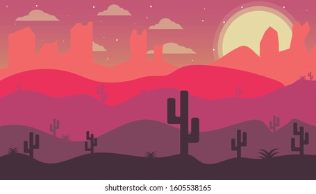Cartoon desert landscape with cactus, hills and mountains silhouettes, vector nature horizontal background