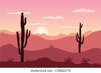 Cartoon desert landscape with cactus, hills and mountains silhouettes. Vector nature horizontal background. Arizona landscape. 