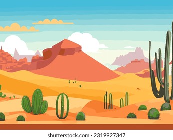 Cartoon desert landscape with cactus, hills, sun and mountains silhouettes, vector nature horizontal background.