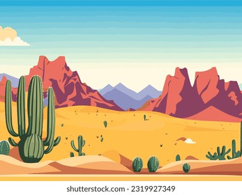 Cartoon desert landscape with cactus, hills, sun and mountains silhouettes, vector nature horizontal background.