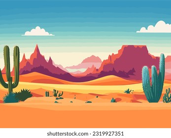 Cartoon desert landscape with cactus, hills, sun and mountains silhouettes, vector nature horizontal background.