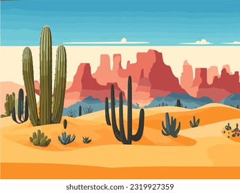 Cartoon desert landscape with cactus, hills, sun and mountains silhouettes, vector nature horizontal background.