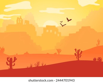 Cartoon desert landscape with cactus, hills, golden sand dunes and stones, birds, sun and mountains silhouettes. Texas western mountains and abandoned ruins, vector nature horizontal background.