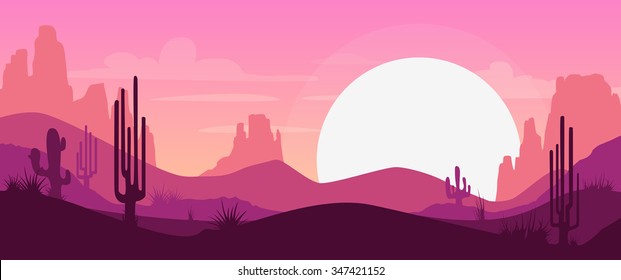 Cartoon Desert Landscape With Cactus, Hills And Mountains Silhouettes, Vector Nature Horizontal Background