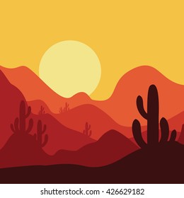 Cartoon desert landscape with cactus, hills and mountains silhouettes, vector nature horizontal background