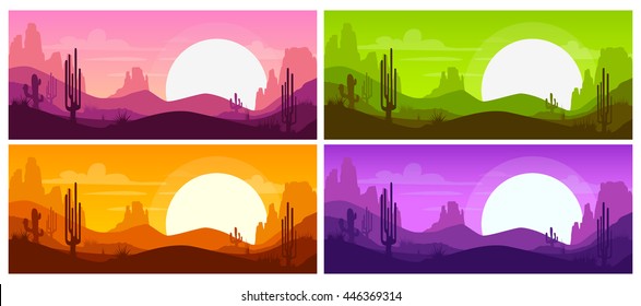 Cartoon desert landscape with cactus, hills and mountains silhouettes, nature horizontal background. Different color variations. Vector illustrations.