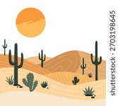 Cartoon desert landscape with cactuses and sand dunes under a bright orange sun. Flat design illustration for nature, travel, or summer theme.