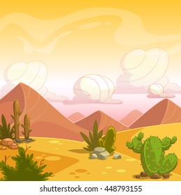 Cartoon desert landscape with cactuses, stone, sand dunes and cloudy sky. Square vector outdoor illustration. Background for game design.