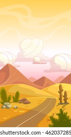 Cartoon desert landscape with cactuses, stone, sand dunes, road and cloudy sky. Vertical vector outdoor illustration. Background for game design.