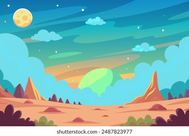 Cartoon desert landscape with mountains and green planet in the sky