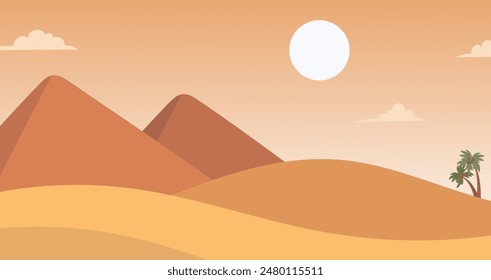 In: Cartoon Desert Landscape. Sanddünen und Pyramiden, Palmen und Sonnenuntergang. Spiel Süd Lage, arabische Handelsroute, Sahara Vektorgrafik Lage