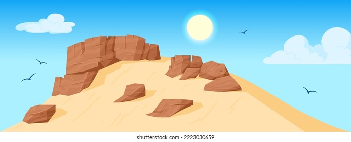 Cartoon desert landscape, sand rocks view. Western canyon rock landscape flat vector background illustration. Sand desert rock view