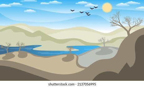 Cartoon desert landscape. A small lake among sandy hills with dry trees against the sky with the sun, clouds, silhouettes of flying birds. Vector. 
