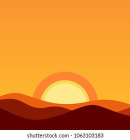 Cartoon Desert Landscape at Sunset - Vector background illustration in orange colors of evening sun and horizon.