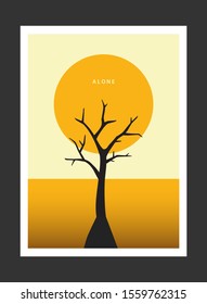 Cartoon desert landscape with tree, vector nature portrait background