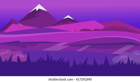 cartoon desert landscape, vector background with desert, herbs, mountains and sky