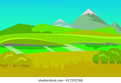 cartoon desert landscape, vector background with desert, herbs, mountains and sky