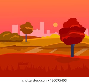 cartoon desert landscape, vector background with desert, herbs, mountains and sky