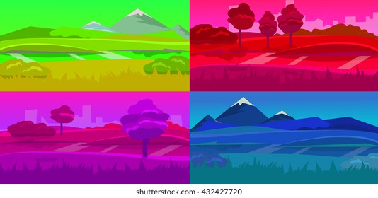 cartoon desert landscape, vector background with desert, herbs, mountains and sky