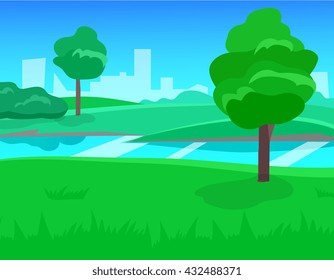 cartoon desert landscape, vector background with desert, herbs, mountains and sky