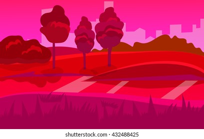 cartoon desert landscape, vector background with desert, herbs, mountains and sky
