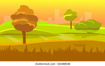 cartoon desert landscape, vector background with desert, herbs, mountains and sky