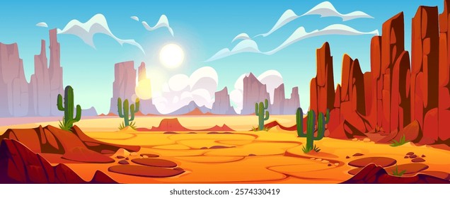 Cartoon desert mountains landscape. Vector vast land game background featuring towering red rock formations and scattered cacti beneath a vivid blue sky, capturing the essence of arid wilderness