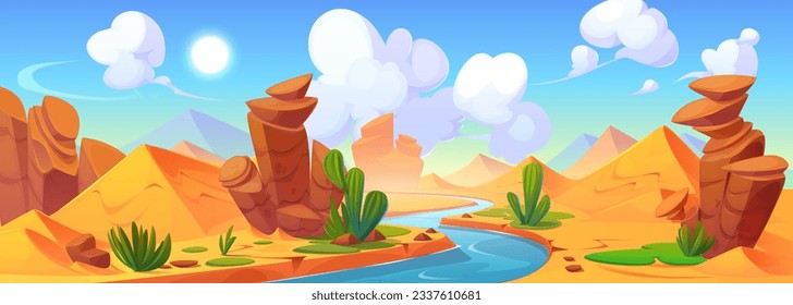 Cartoon desert nile river valley vector background. Dry africa sand wilderness hills nature scene with water landscape. Amazing idyllic arabic game environment with nobody neat cactus and stream